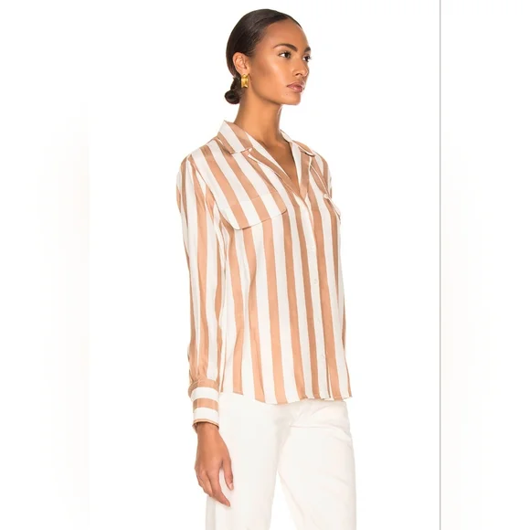 FRAME Striped Silk Button-Up Top, Pink and Cream, S
